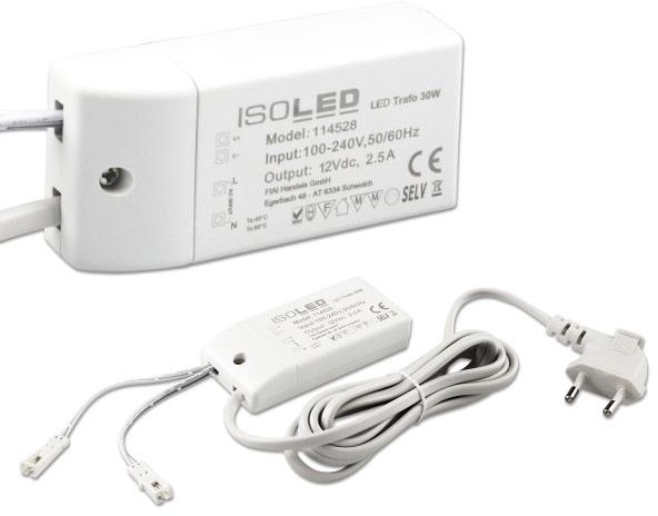 ISOLED LED Trafo MiniAMP 12V/DC, 0-30W, 200cm Kabel mit Flachstecker, sekundär 2 female Buchsen