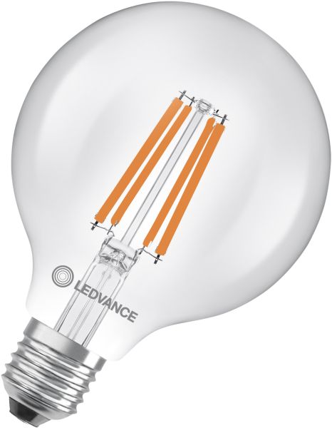LEDVANCE LED Classic Globe 95 60 Glühfaden Energieeffizienzklasse A S 3,8 W 827 Klar E27