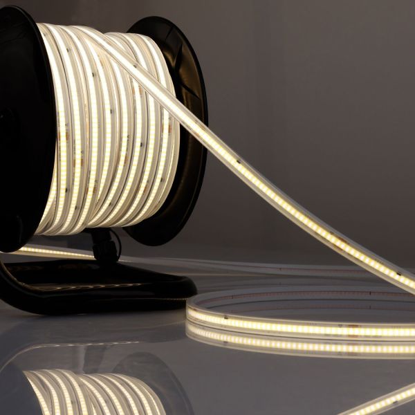 ISOLED LED Flexband 230V COB, 12W/m, 15m Rolle auf Kabeltrommel, 4000K, CRI80, IP67, male/female