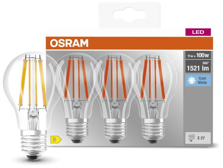 OSRAM LED BASE CLASSIC A Lampe klar (ex 100W) 11W / 4000K Kaltweiß E27 3er Set