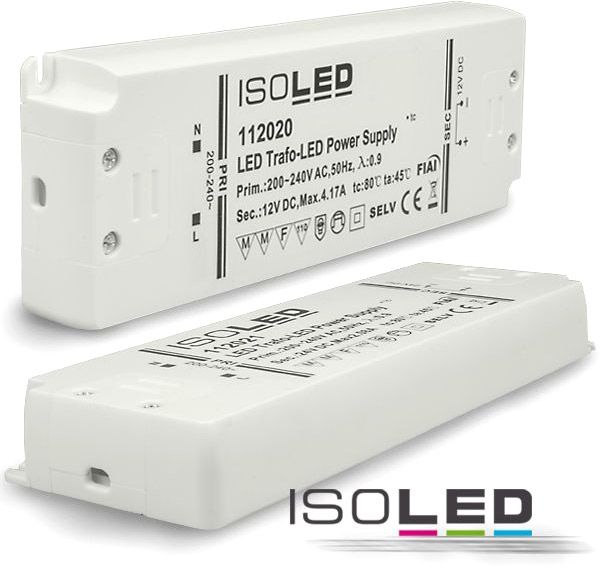 ISOLED LED transformer 12V/DC, 0-50W, ultra flat, SELV