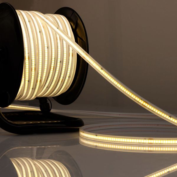 ISOLED LED Flexband 230V COB, 12W/m, 25m Rolle auf Kabeltrommel, 3000K, CRI80, IP67, male/female