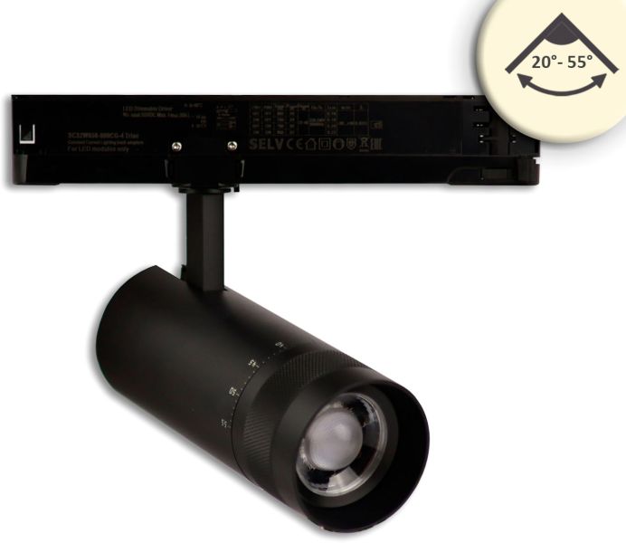 ISOLED 3-PH Schienen-Strahler fokussierbar, 24W, 20°-55°, schwarz matt, 3000K, dimmbar