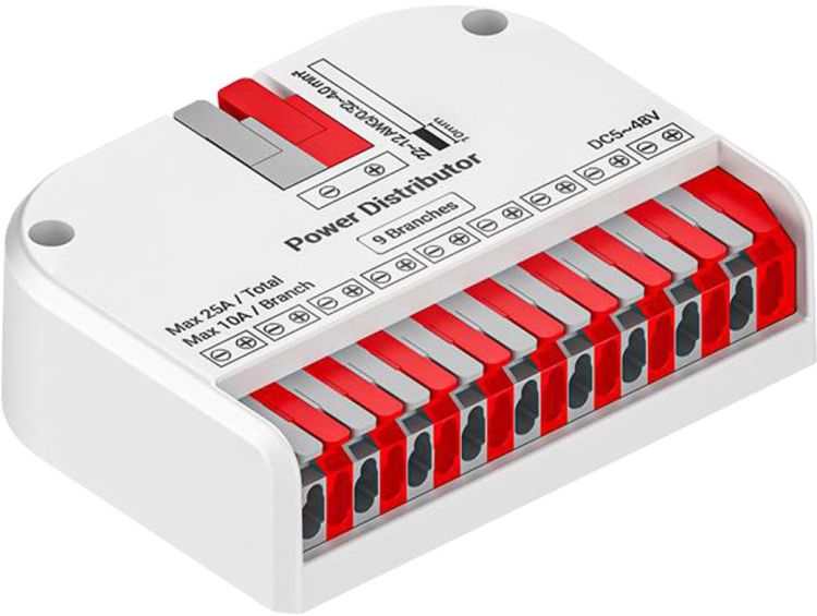 ISOLED PowerSplitter 2-pol. x 9, 5-48V DC, 0.5mm² - 3mm² (6-10A) auf 0.25 - 1,5mm² (3-10A)